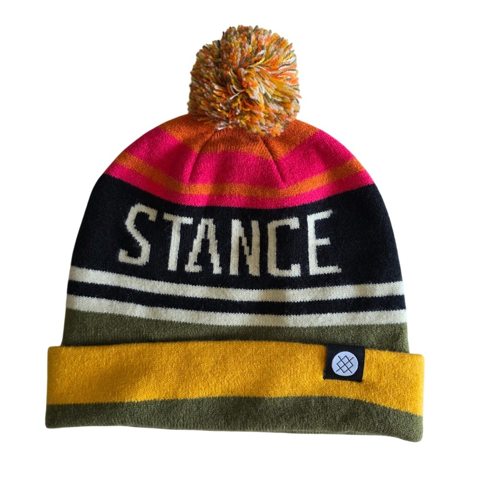 Stance Multi-Color Striped Pom-Pom Cuffed Beanie Hat OS Knit Black Pink Yellow